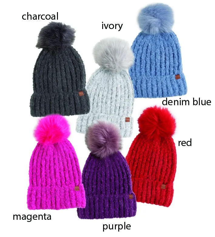 ABB342 - BOUCLE KNIT BEANIE WITH FAUX FUR POM