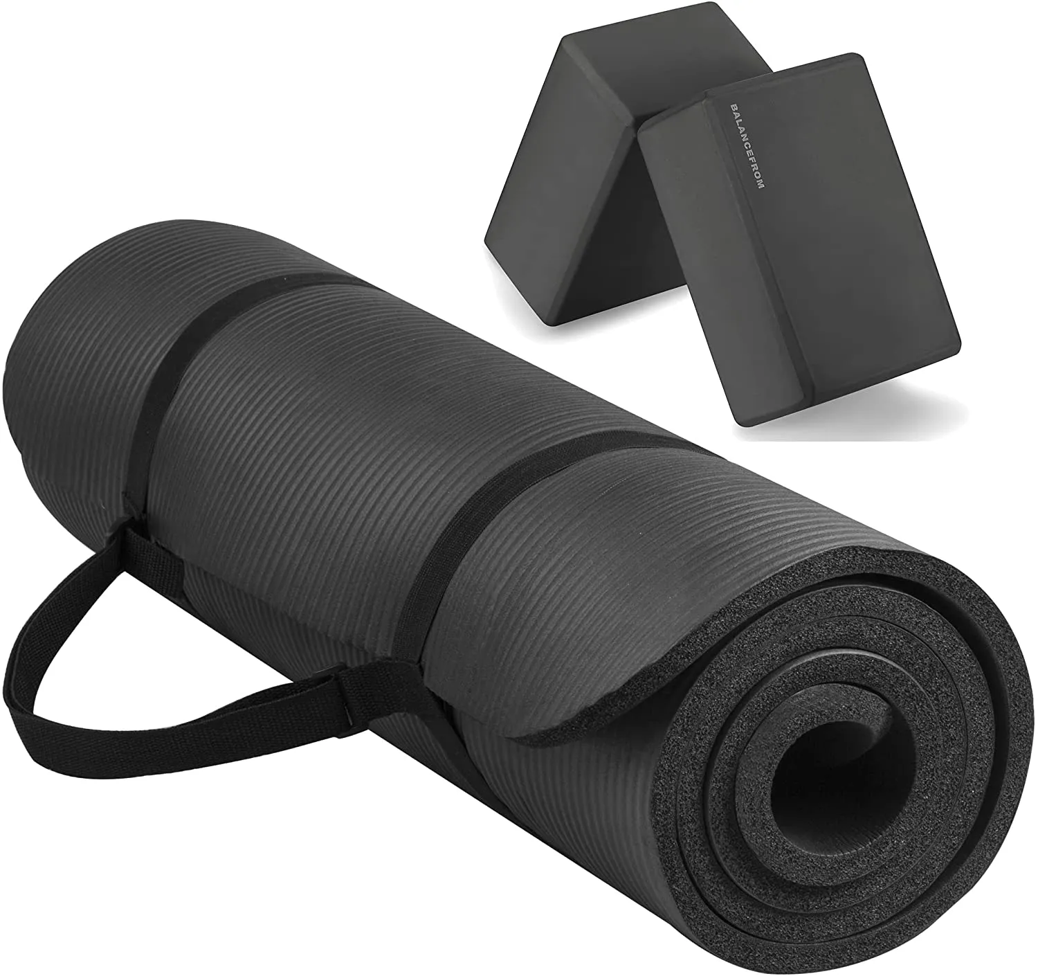 BalanceFrom GoYoga All-Purpose 1/2-Inch Extra Thick High Density Anti-Tear Exercise Yoga Mat with Carrying Strap and Yoga Blocks