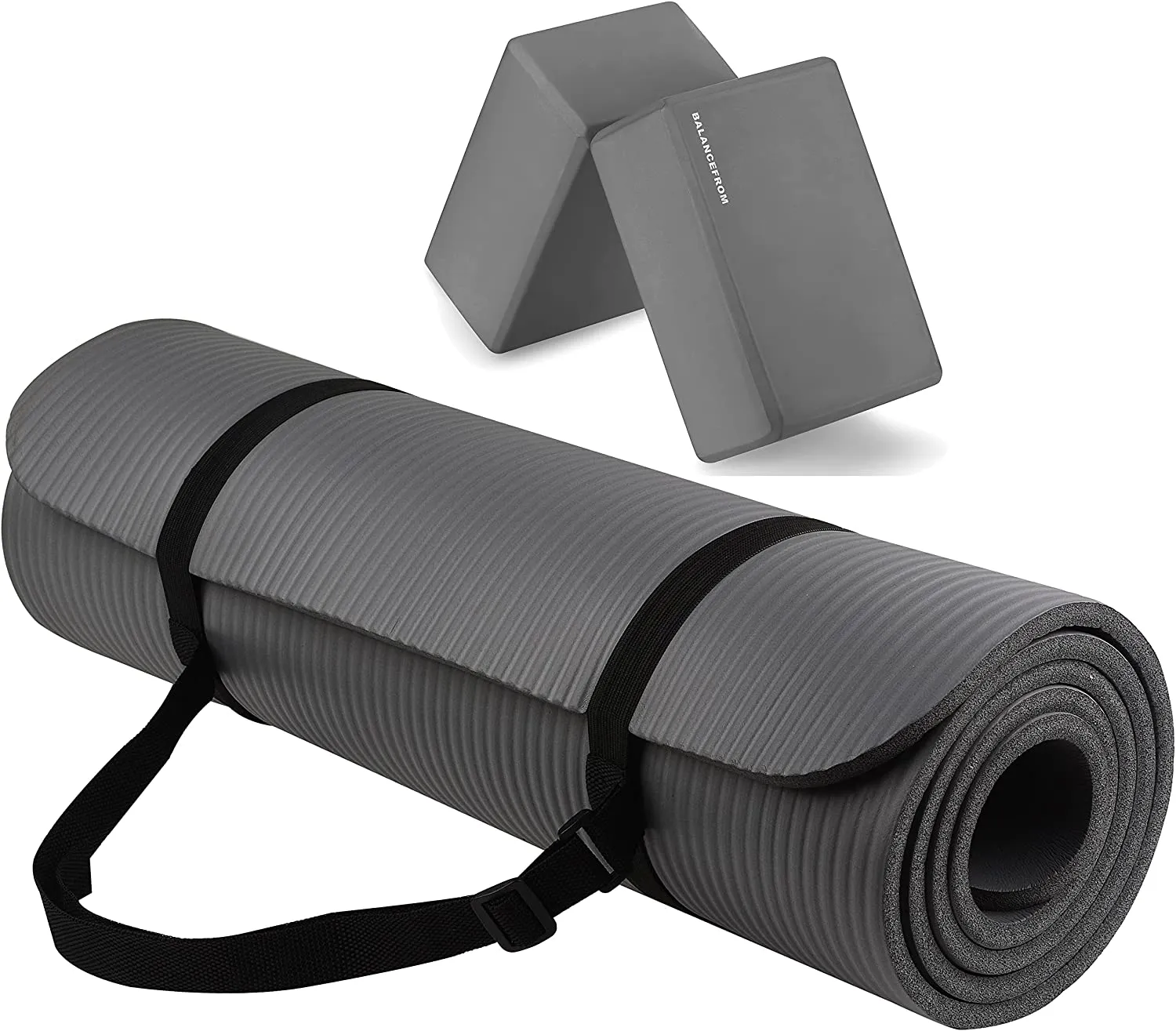 BalanceFrom GoYoga All-Purpose 1/2-Inch Extra Thick High Density Anti-Tear Exercise Yoga Mat with Carrying Strap and Yoga Blocks