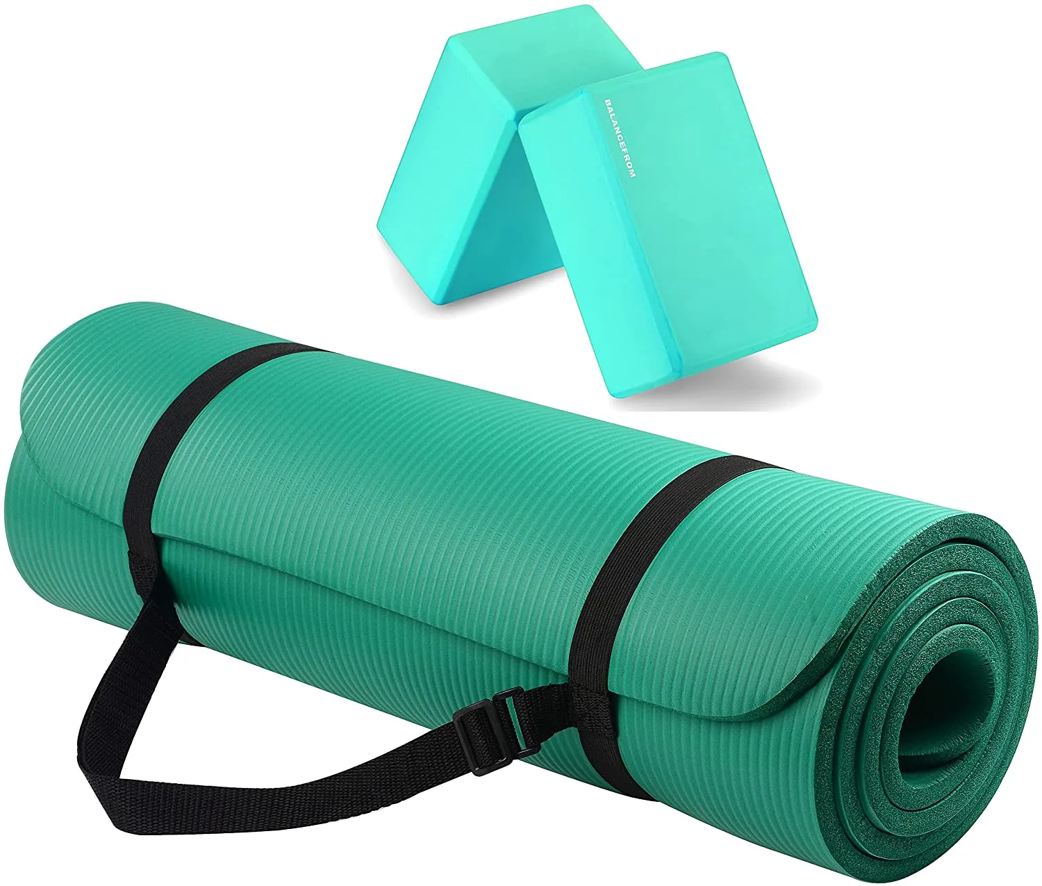 BalanceFrom GoYoga All-Purpose 1/2-Inch Extra Thick High Density Anti-Tear Exercise Yoga Mat with Carrying Strap and Yoga Blocks