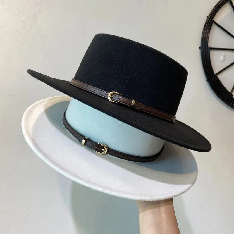 Belt Buckle Decorated Wool Fedoras Hat For Women Flap Brim Felt Hats Retro Jazz Cap Winter Autumn Warm British Style Boater Caps