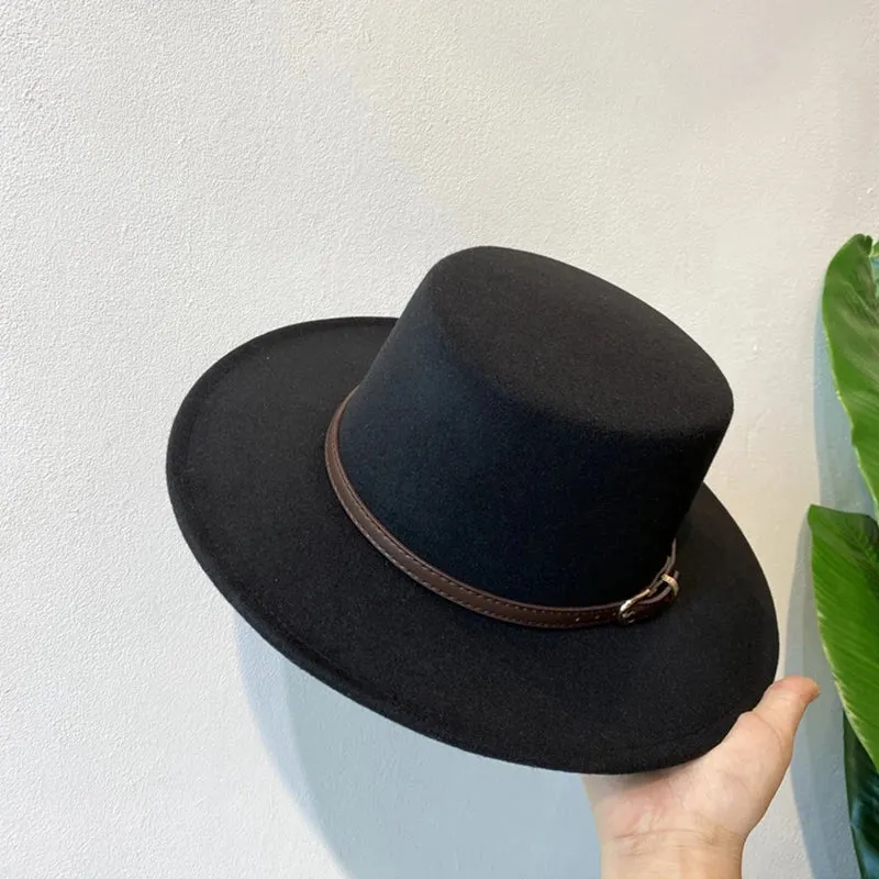 Belt Buckle Decorated Wool Fedoras Hat For Women Flap Brim Felt Hats Retro Jazz Cap Winter Autumn Warm British Style Boater Caps