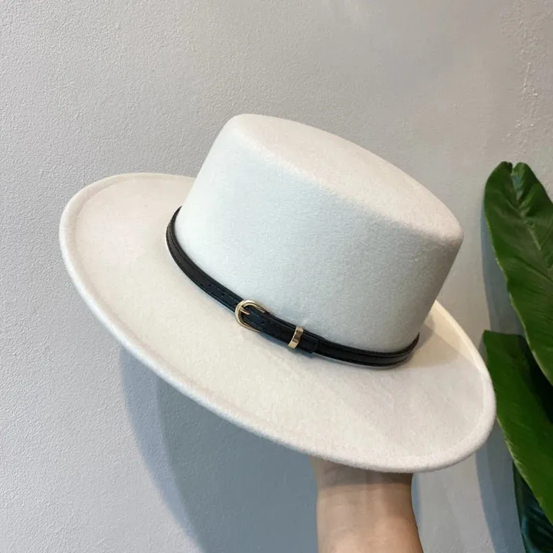 Belt Buckle Decorated Wool Fedoras Hat For Women Flap Brim Felt Hats Retro Jazz Cap Winter Autumn Warm British Style Boater Caps