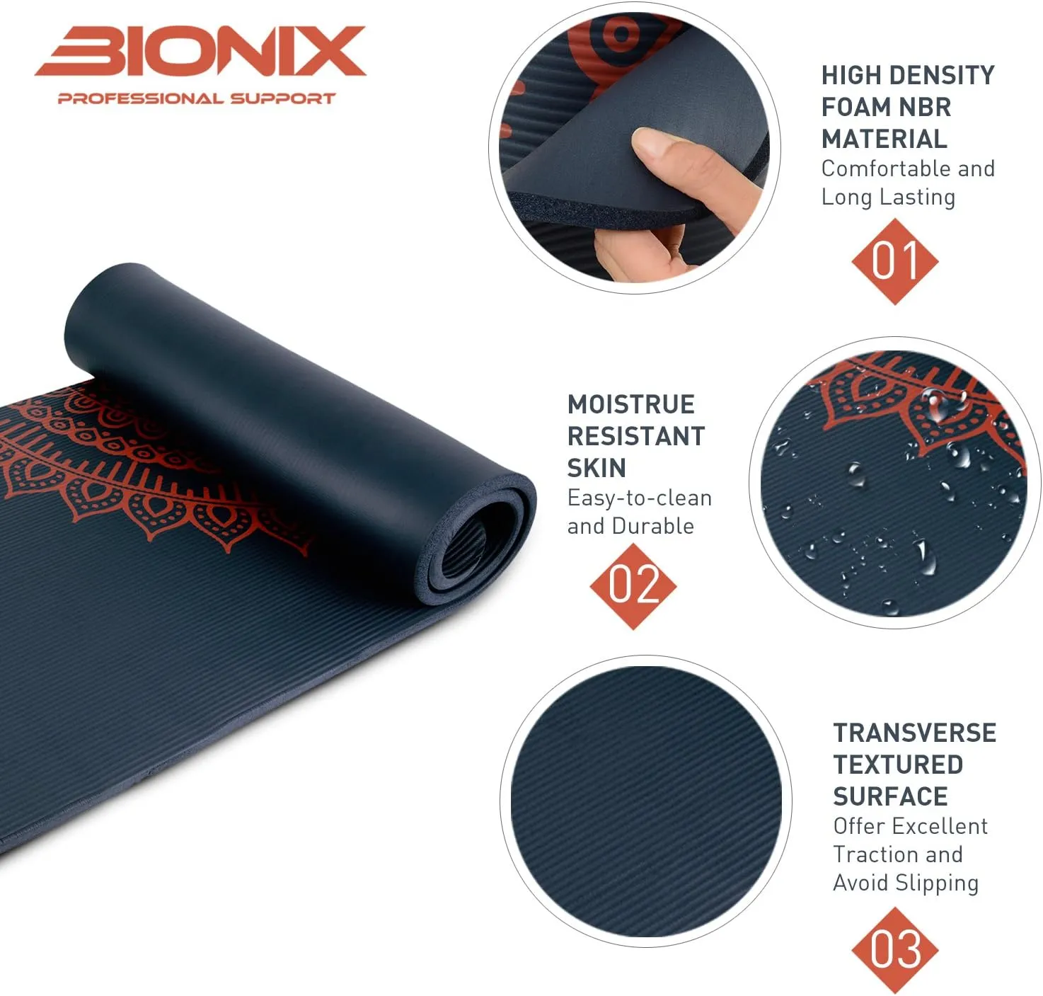 Bionix Yoga Mat Dark Blue - Thick NBR Foam Fitness Workout - Pilates Mat