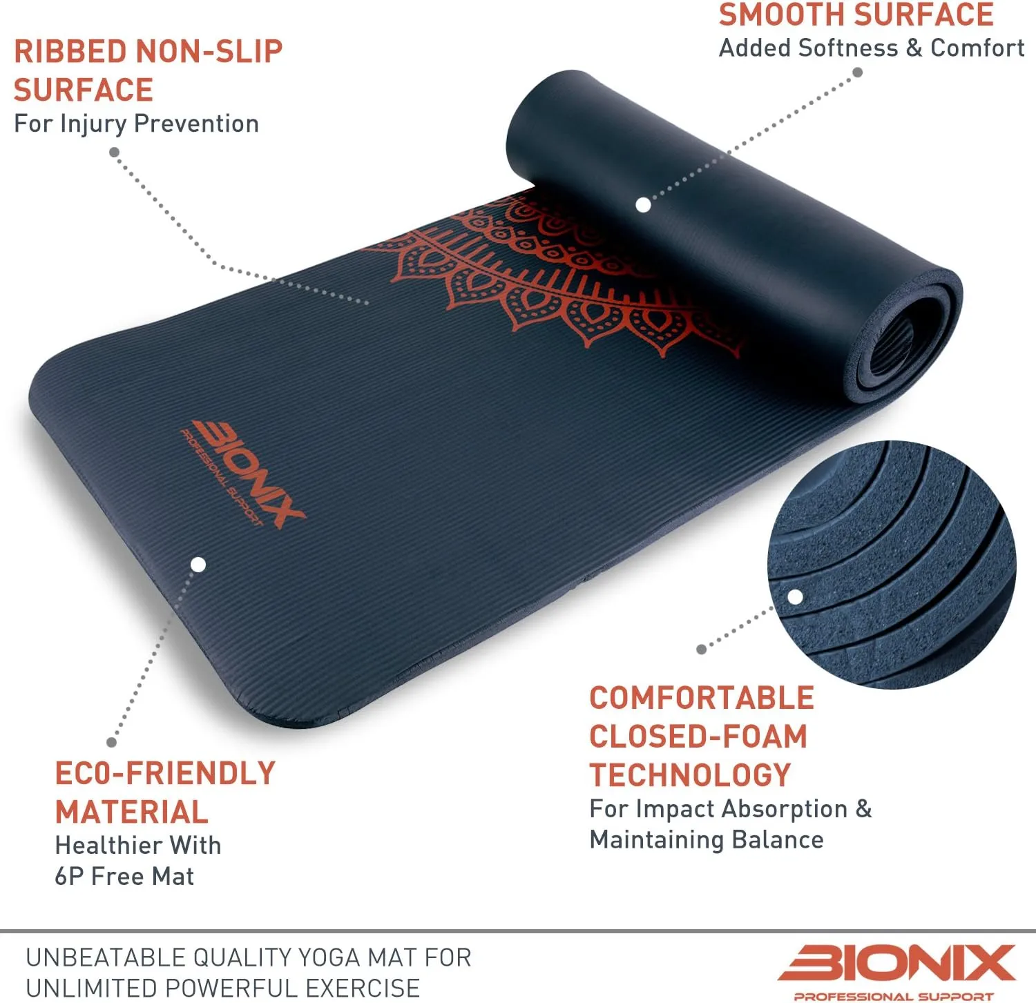 Bionix Yoga Mat Dark Blue - Thick NBR Foam Fitness Workout - Pilates Mat