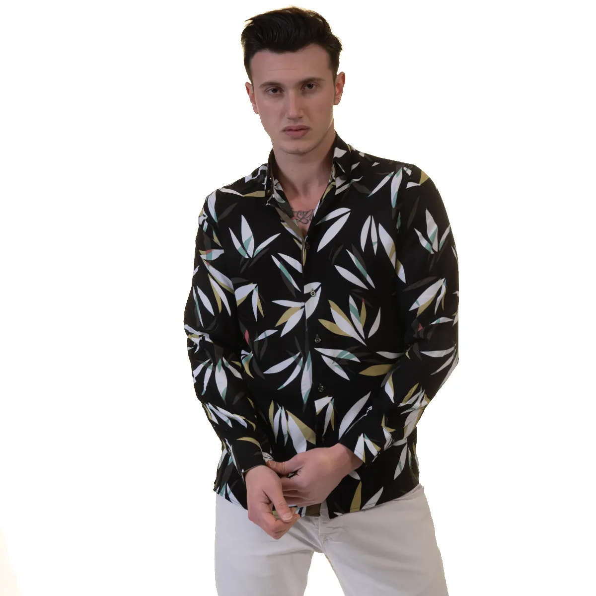 Black Floral Mens Slim Fit Designer Dress Shirt - tailored Cotton Shirts for Work and Casual Wear