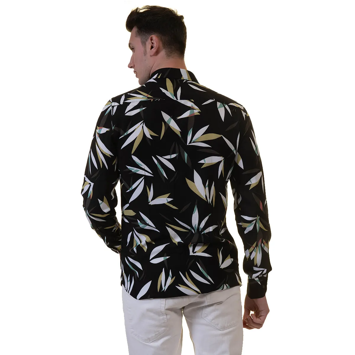Black Floral Mens Slim Fit Designer Dress Shirt - tailored Cotton Shirts for Work and Casual Wear