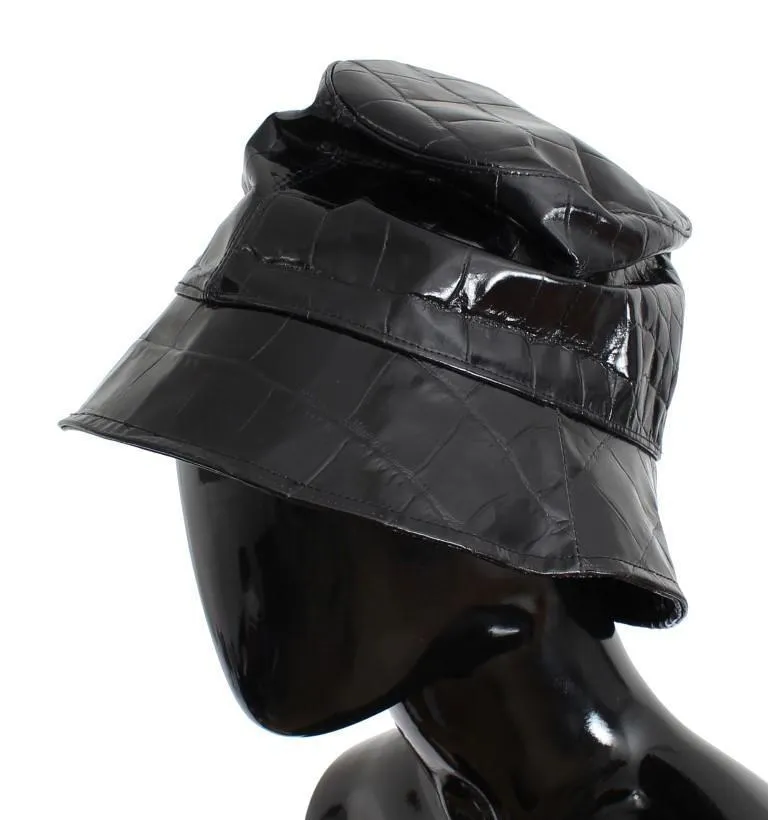 Black Shiny Calfskin Leather Cloche Hat