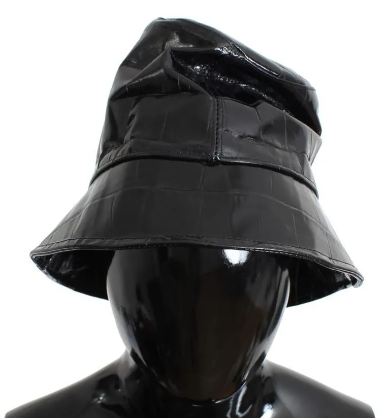 Black Shiny Calfskin Leather Cloche Hat