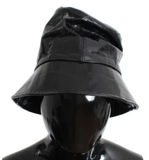 Black Shiny Calfskin Leather Cloche Hat
