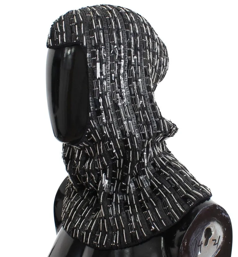 Black Wool Crystal Runway Crochet Hood