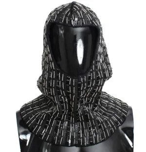 Black Wool Crystal Runway Crochet Hood