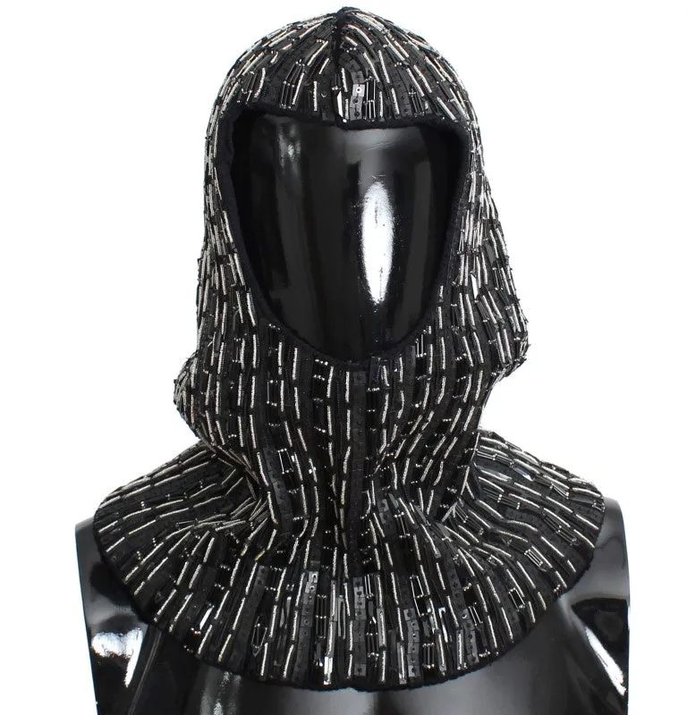 Black Wool Crystal Runway Crochet Hood