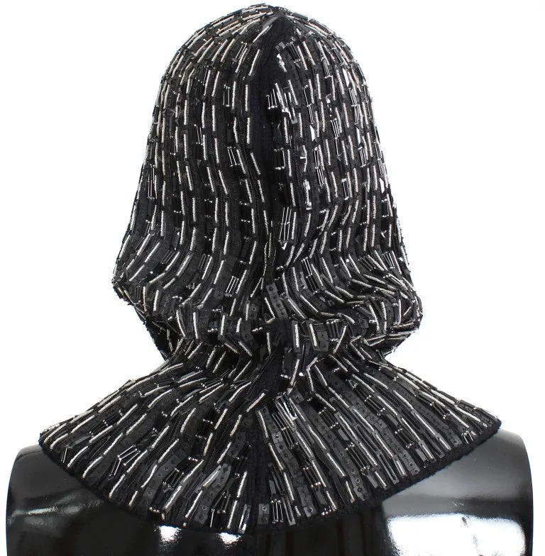 Black Wool Crystal Runway Crochet Hood