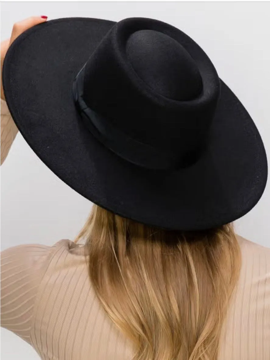 Boater Wide Brimmed Felt Pork Pie Hat-Black