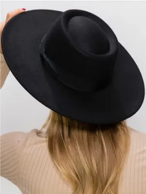 Boater Wide Brimmed Felt Pork Pie Hat-Black