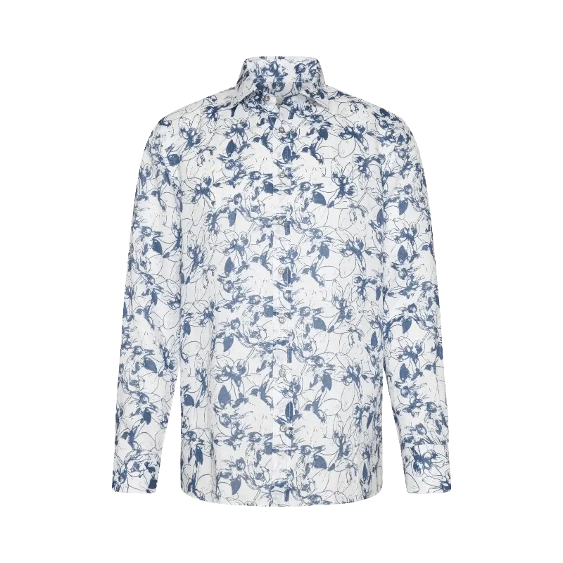 Bugatti Patterned shirt made from 100% linen in blue grey