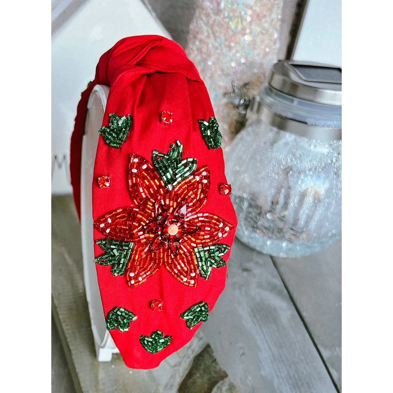 Christmas Glam Poinsettia Beaded Headband - OBX Prep Exclusive.