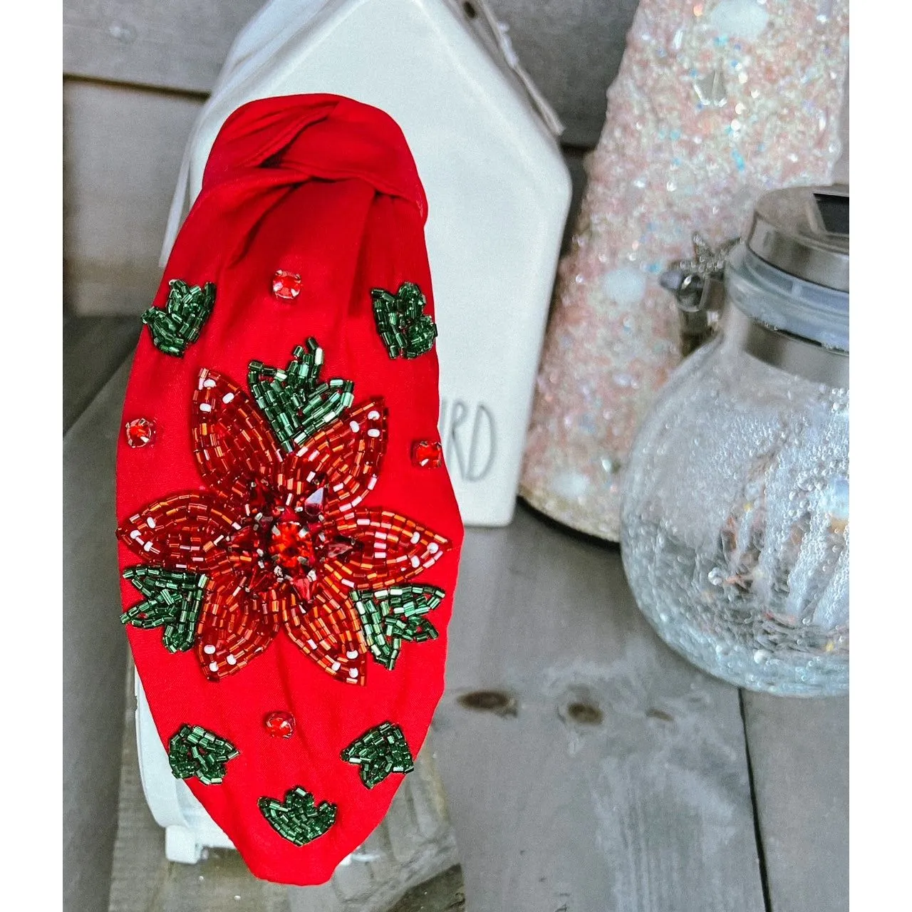 Christmas Glam Poinsettia Beaded Headband - OBX Prep Exclusive.