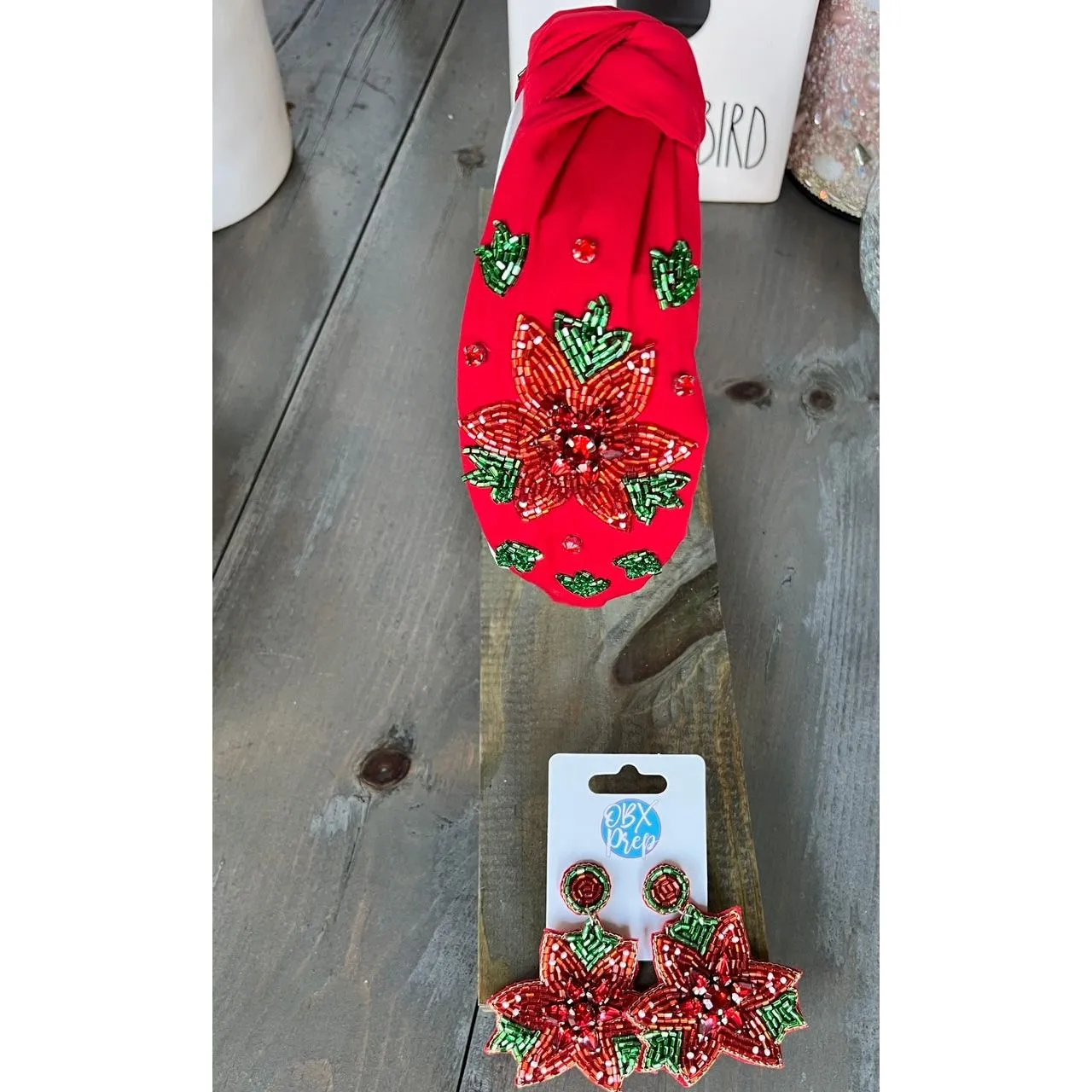 Christmas Glam Poinsettia Beaded Headband - OBX Prep Exclusive.