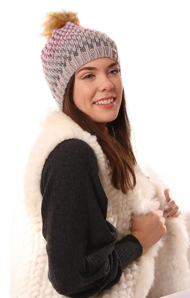 Cozy Knit Faux Fur Pom Pom Patterned Pink And Blue Warm Winter Beanie