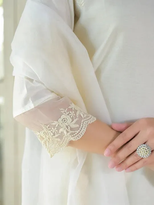 Cream Chanderi Kurta Pant With Dupatta
