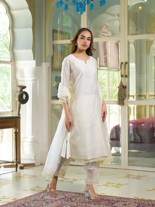Cream Chanderi Kurta Pant With Dupatta