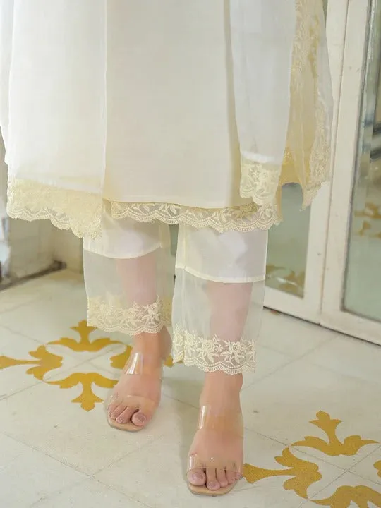 Cream Chanderi Kurta Pant With Dupatta