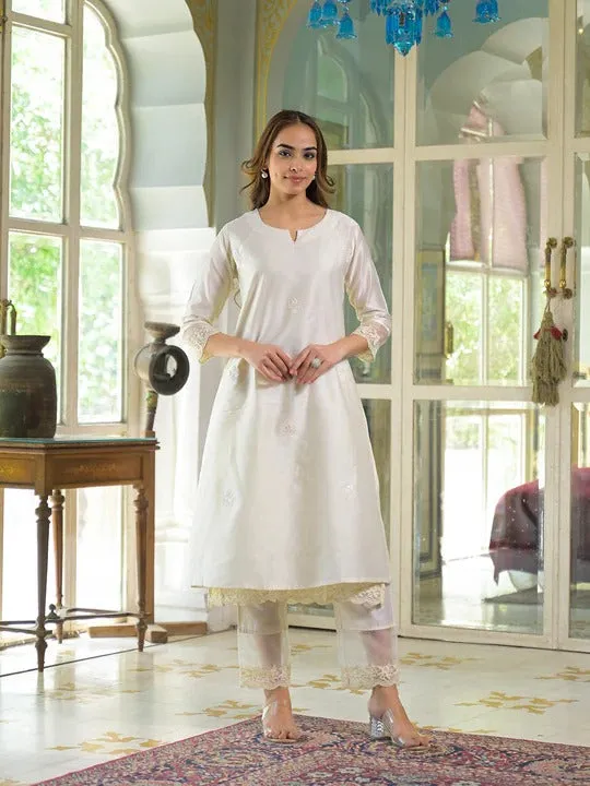 Cream Chanderi Kurta Pant With Dupatta