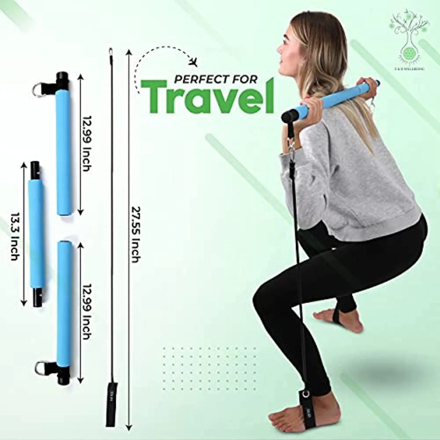 F & R WELLBEING 3-Sections Portable Pilates Bar Kit with Resistance Bands for Body Sculpting