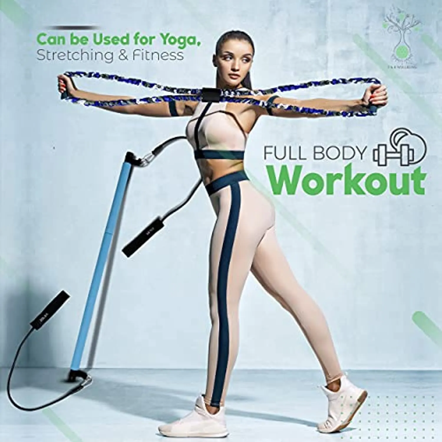 F & R WELLBEING 3-Sections Portable Pilates Bar Kit with Resistance Bands for Body Sculpting