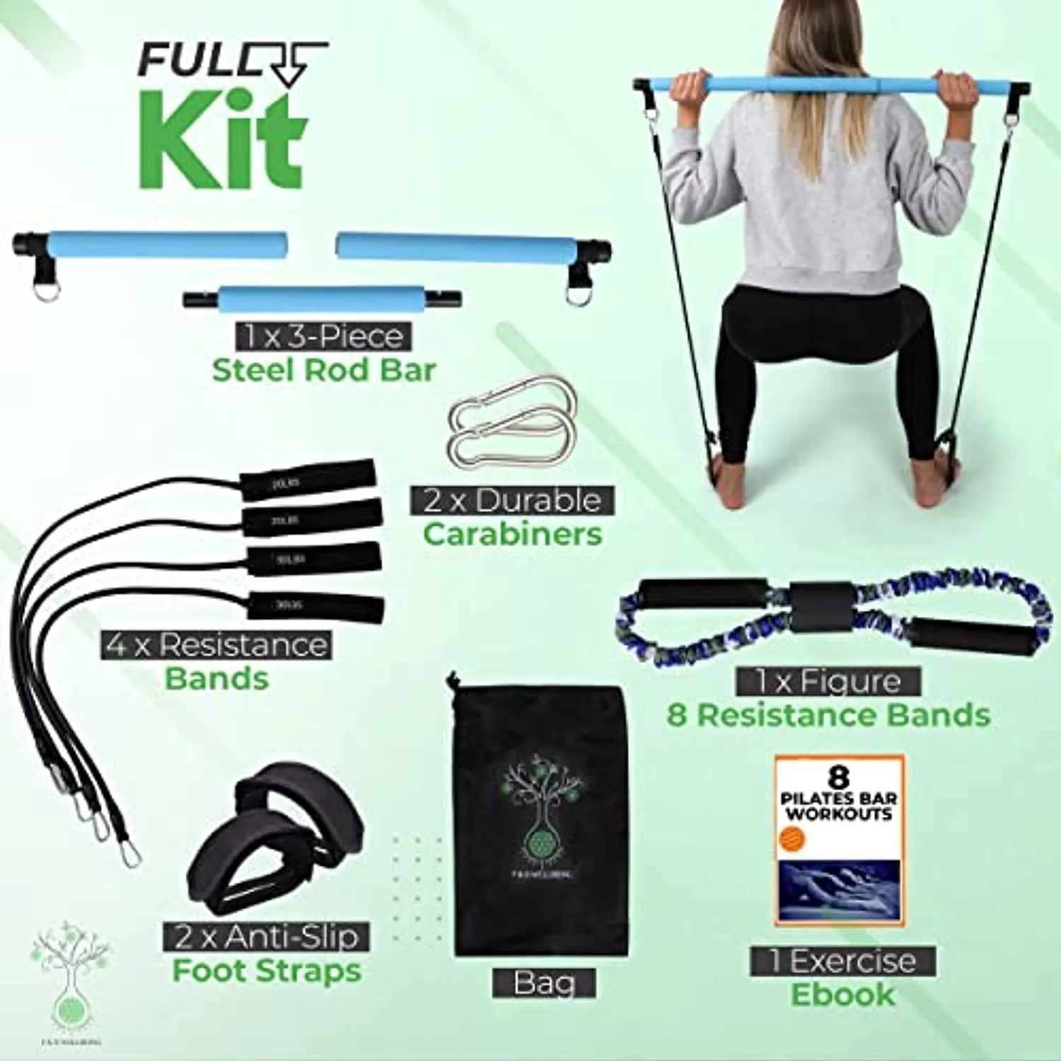 F & R WELLBEING 3-Sections Portable Pilates Bar Kit with Resistance Bands for Body Sculpting