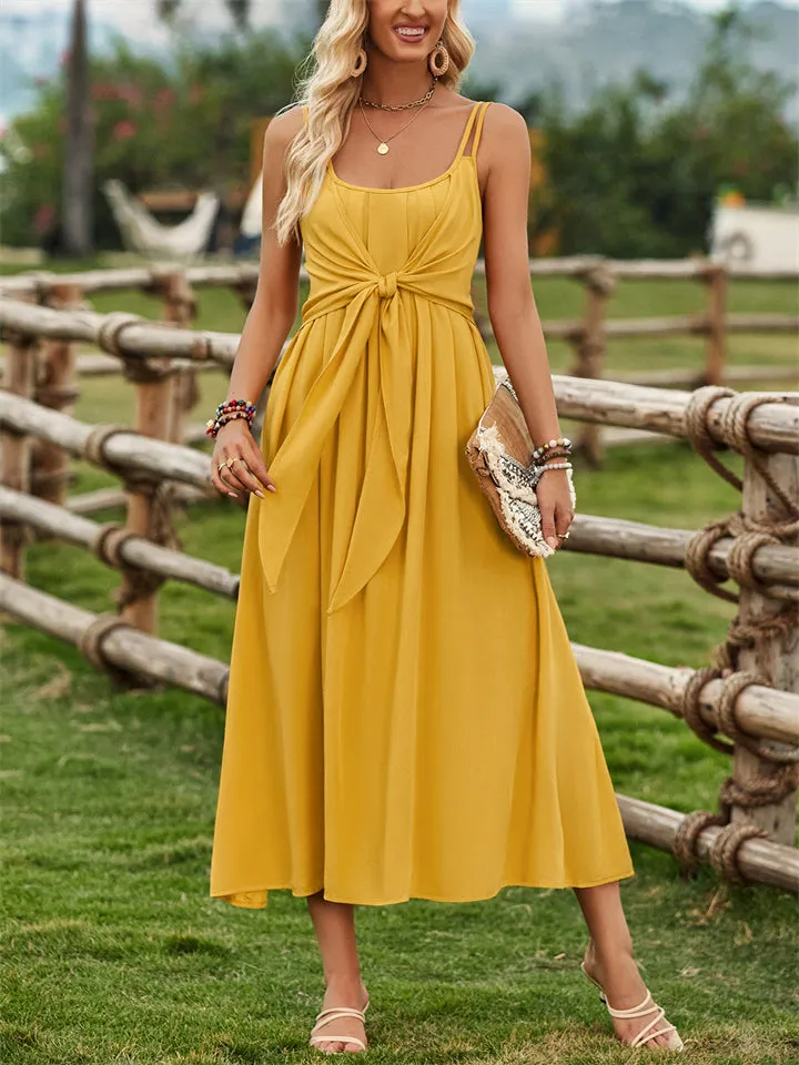 Female Prairie Vacation Waist Tie Bow Sleeveless Dresses