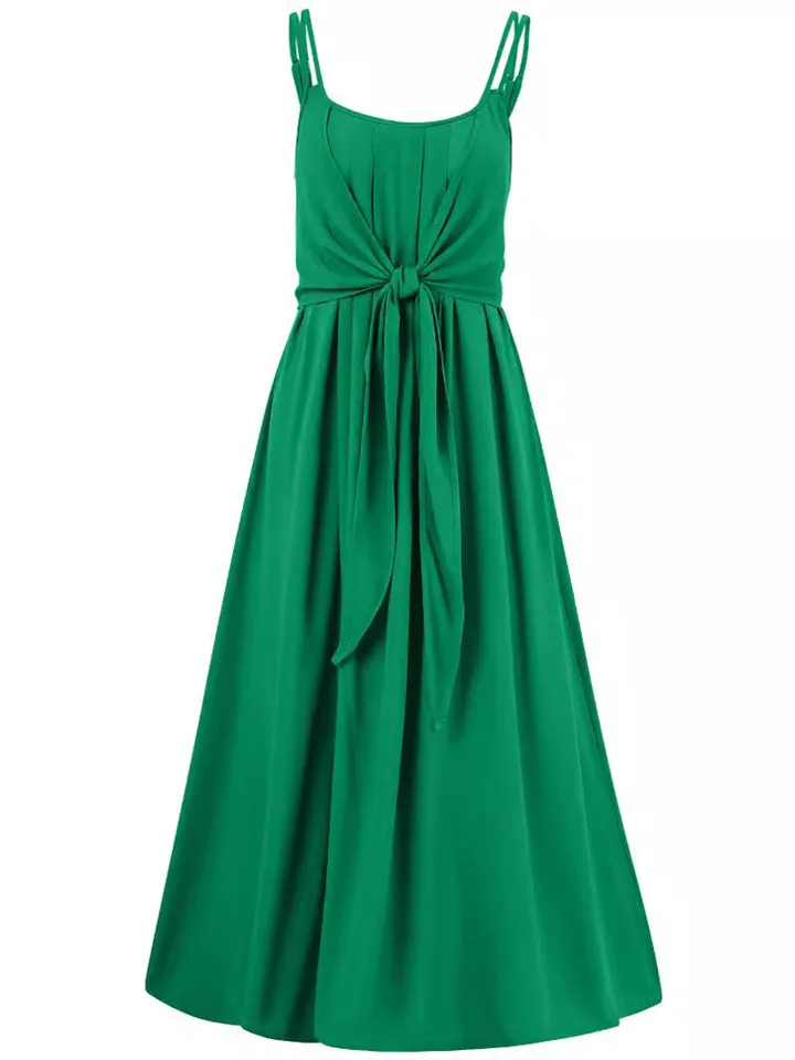 Female Prairie Vacation Waist Tie Bow Sleeveless Dresses
