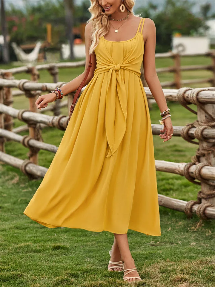 Female Prairie Vacation Waist Tie Bow Sleeveless Dresses