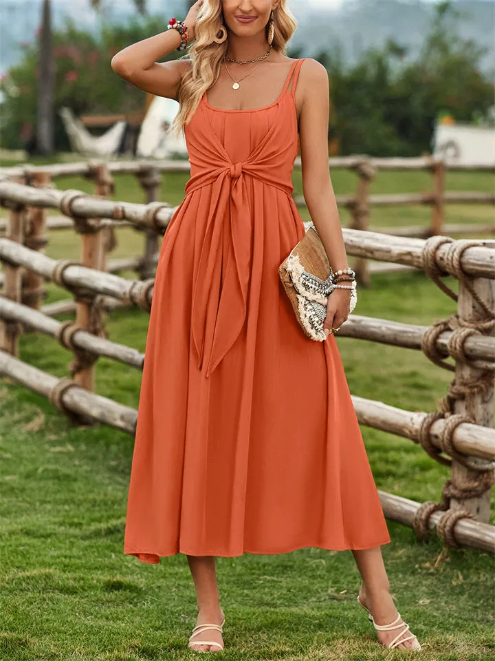 Female Prairie Vacation Waist Tie Bow Sleeveless Dresses