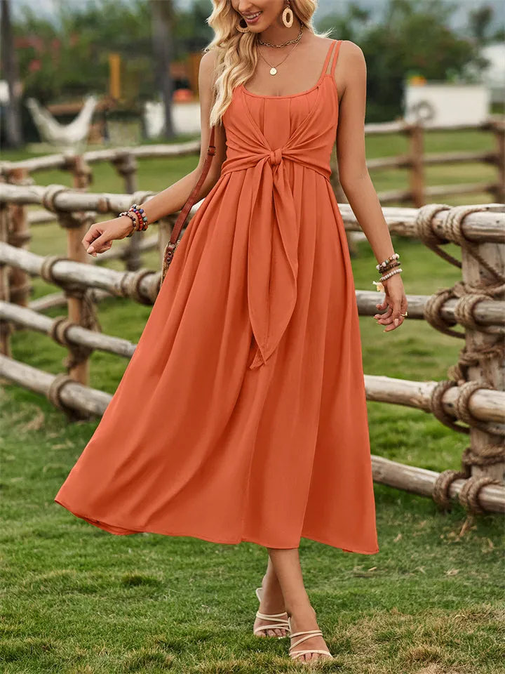 Female Prairie Vacation Waist Tie Bow Sleeveless Dresses