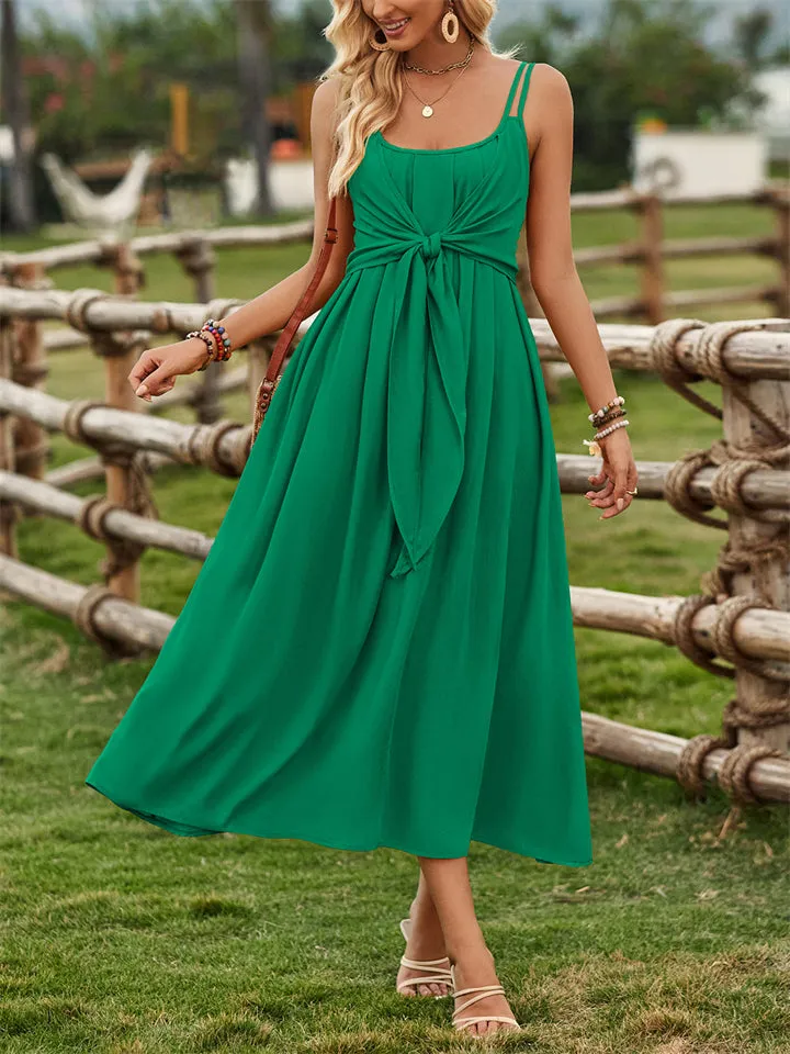Female Prairie Vacation Waist Tie Bow Sleeveless Dresses