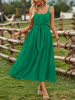 Female Prairie Vacation Waist Tie Bow Sleeveless Dresses