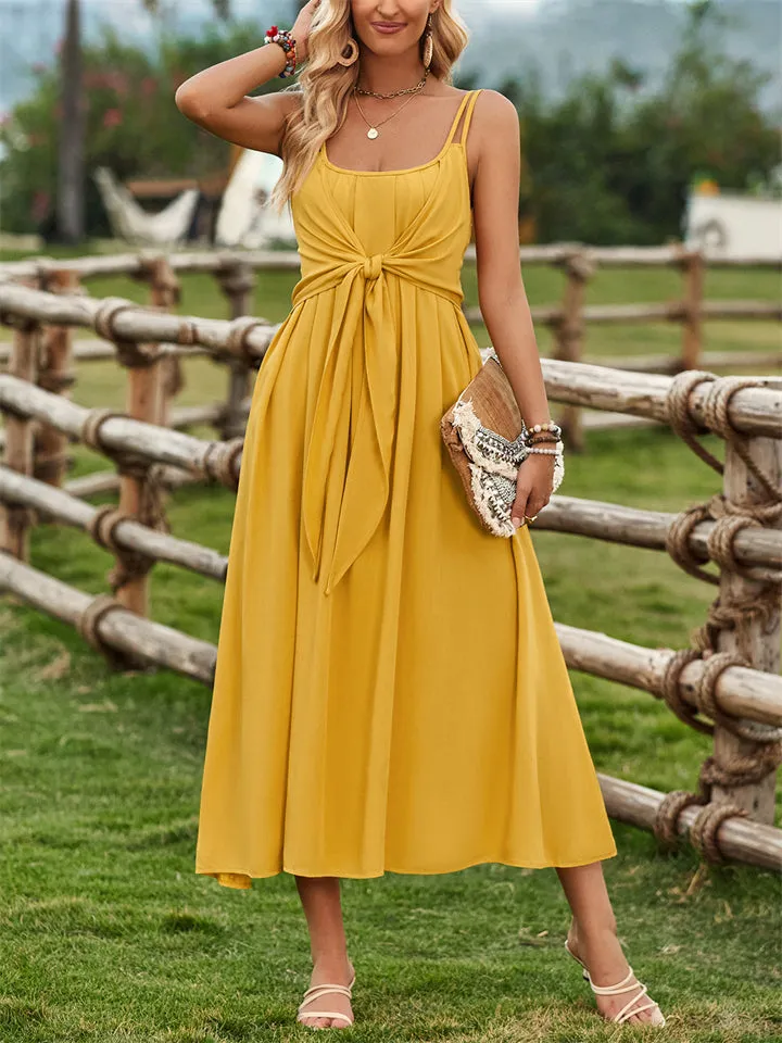 Female Prairie Vacation Waist Tie Bow Sleeveless Dresses