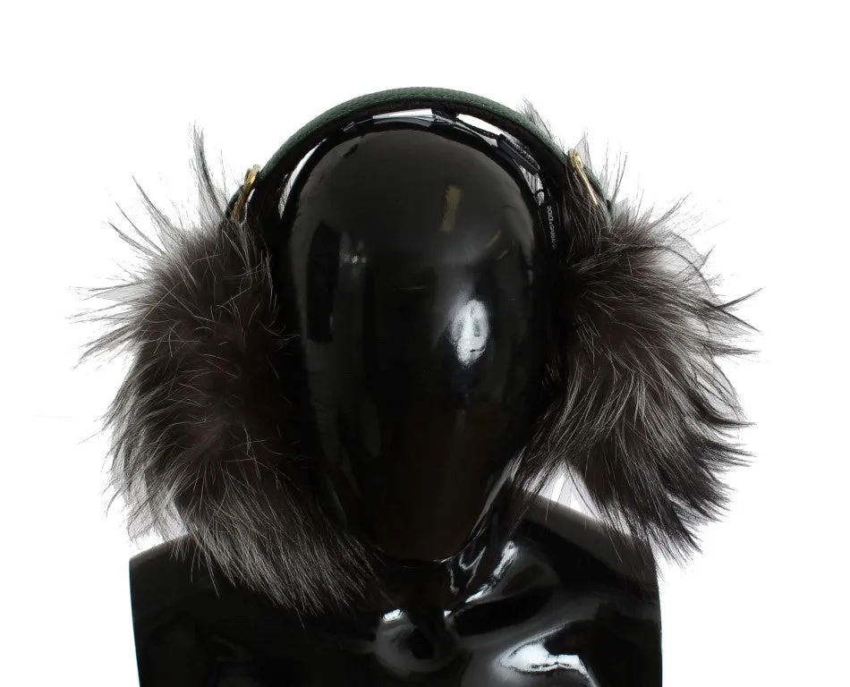 Gray Fox Fur Green Snakeskin Ear Muffs