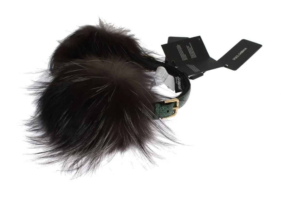 Gray Fox Fur Green Snakeskin Ear Muffs