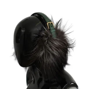 Gray Fox Fur Green Snakeskin Ear Muffs