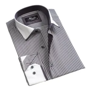 Grey with White Lines Mens Slim Fit Designer Dress Shirt - tailored Cotton Shirts for Work and