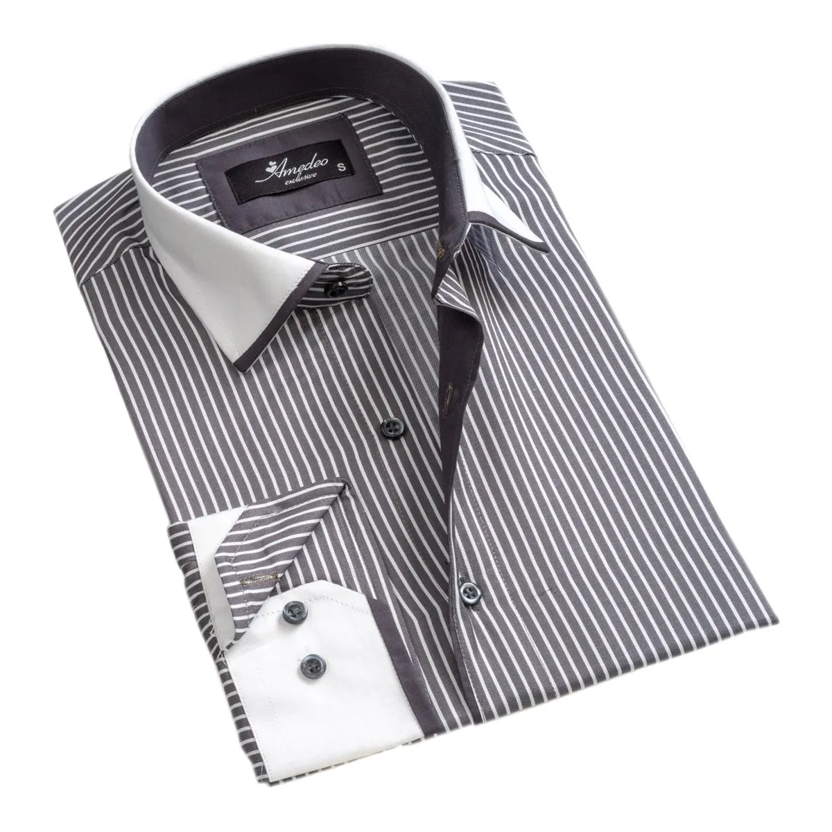 Grey with White Lines Mens Slim Fit Designer Dress Shirt - tailored Cotton Shirts for Work and