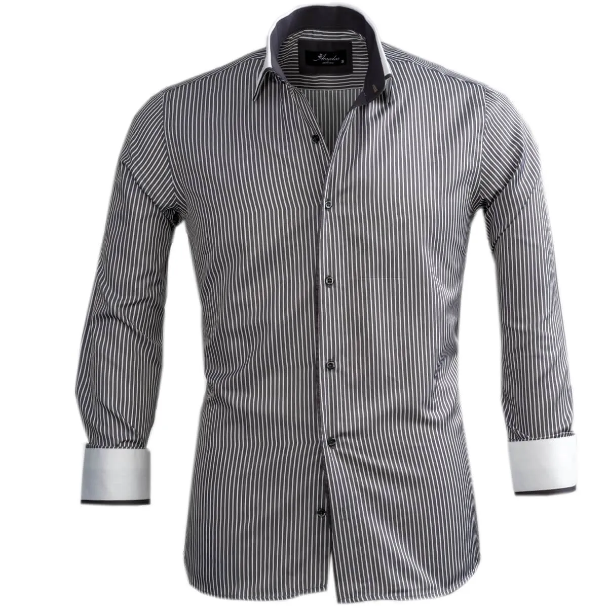 Grey with White Lines Mens Slim Fit Designer Dress Shirt - tailored Cotton Shirts for Work and