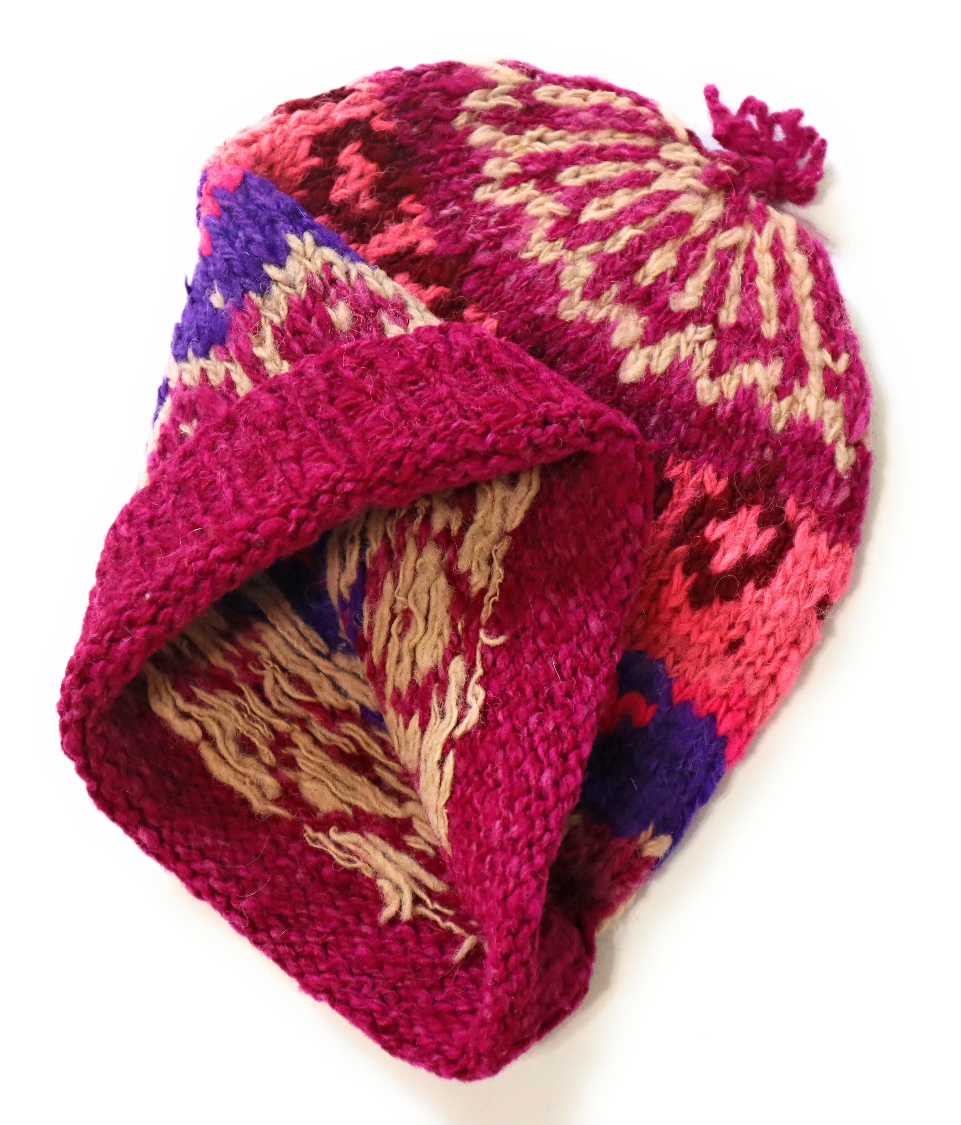 Hand-Knotted Chullo Hat Multicolor Alpaca Wool Blend. Inca Design. Rustic Bennie Unisex. Thick Wool Weave.