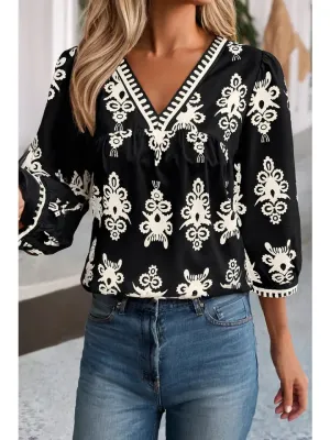 Hansen Vintage Printed 3/4 Sleeve VNeck Blouse