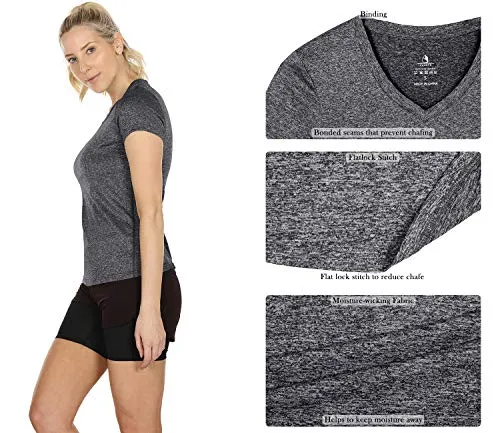 icyzone Workout Shirts Yoga Tops Activewear V-Neck T-Shirts for Women Running Fitness Sports Short Sleeve Tees (S, Charcoal/Red Bud/Pink)