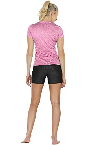 icyzone Workout Shirts Yoga Tops Activewear V-Neck T-Shirts for Women Running Fitness Sports Short Sleeve Tees (S, Charcoal/Red Bud/Pink)